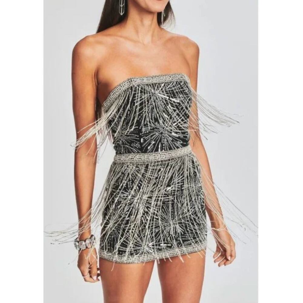 Retrofete Dixie Sequin Fringe Dress Black Silver Size M NWT - Picture 4 of 9